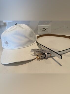 Kate Spade Bundle White Baseball Hat Cap w/Spade Logo & White Belt w/Gold Buckle